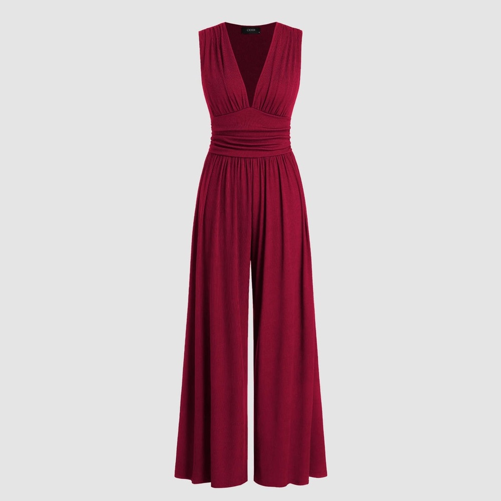 Cider Burgundy Sleeveless V-Neck Wide-Leg Jumpsuit
